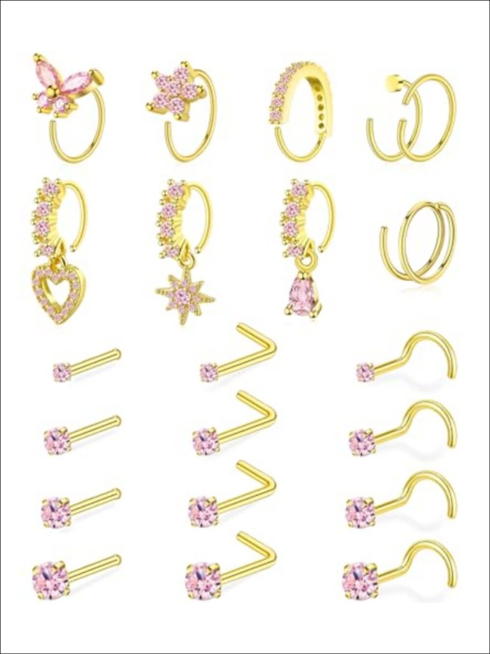 21 Pc 14K Gold Plated Nose Ring Set 20G L Shaped Corkscrew Studs Hoops CZ
